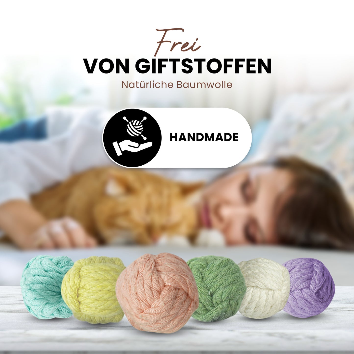 Katzenbälle die handgemacht sind aus natürlicher Baumwolle. Frei von Giftstoffen