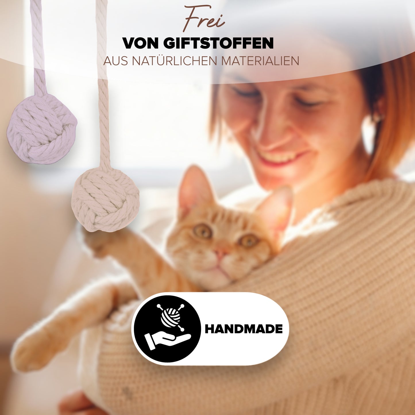 Katzenspiel aus natürlichen Materialien und interessanten Geräuschen. Handgemachte Katzenangel aus Baumwolle