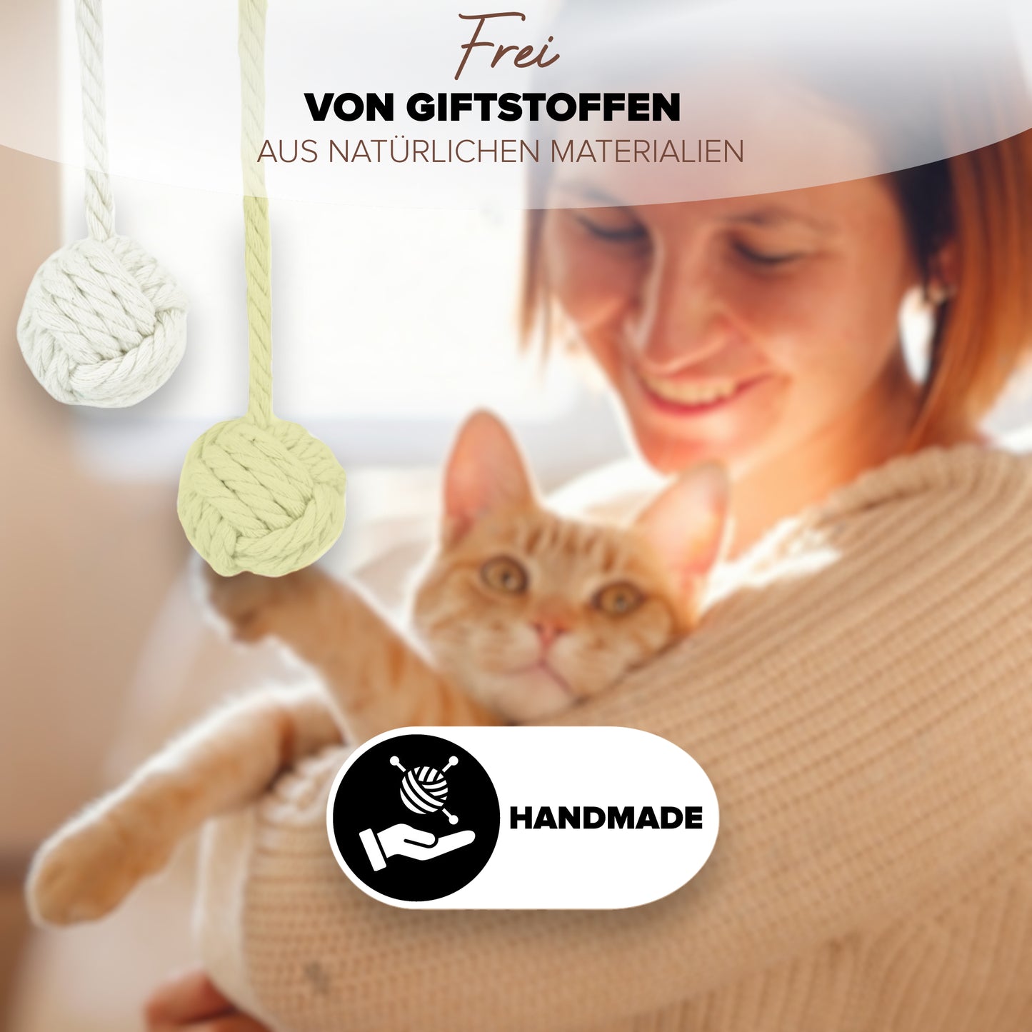 Handgemachte Katzenangel aus Holz und Baumwolle, frei von Giftstoffen und aus natürlichen Materialien