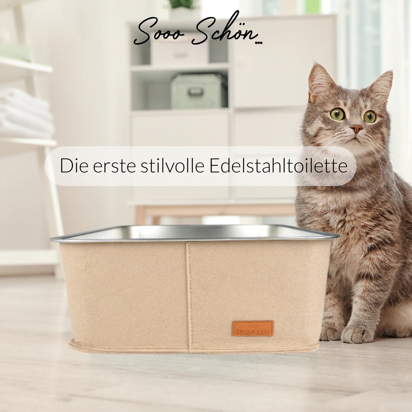 Hygienische beige Katzentoilette mit antibakterieller Edelstahlwanne