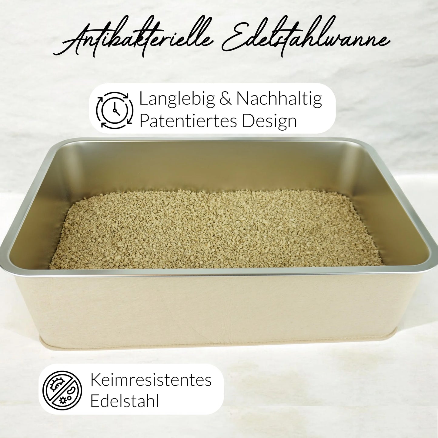 Leicht zu reinigende beige Edelstahl-Katzentoilette mit abnehmbarer Filzumhüllung