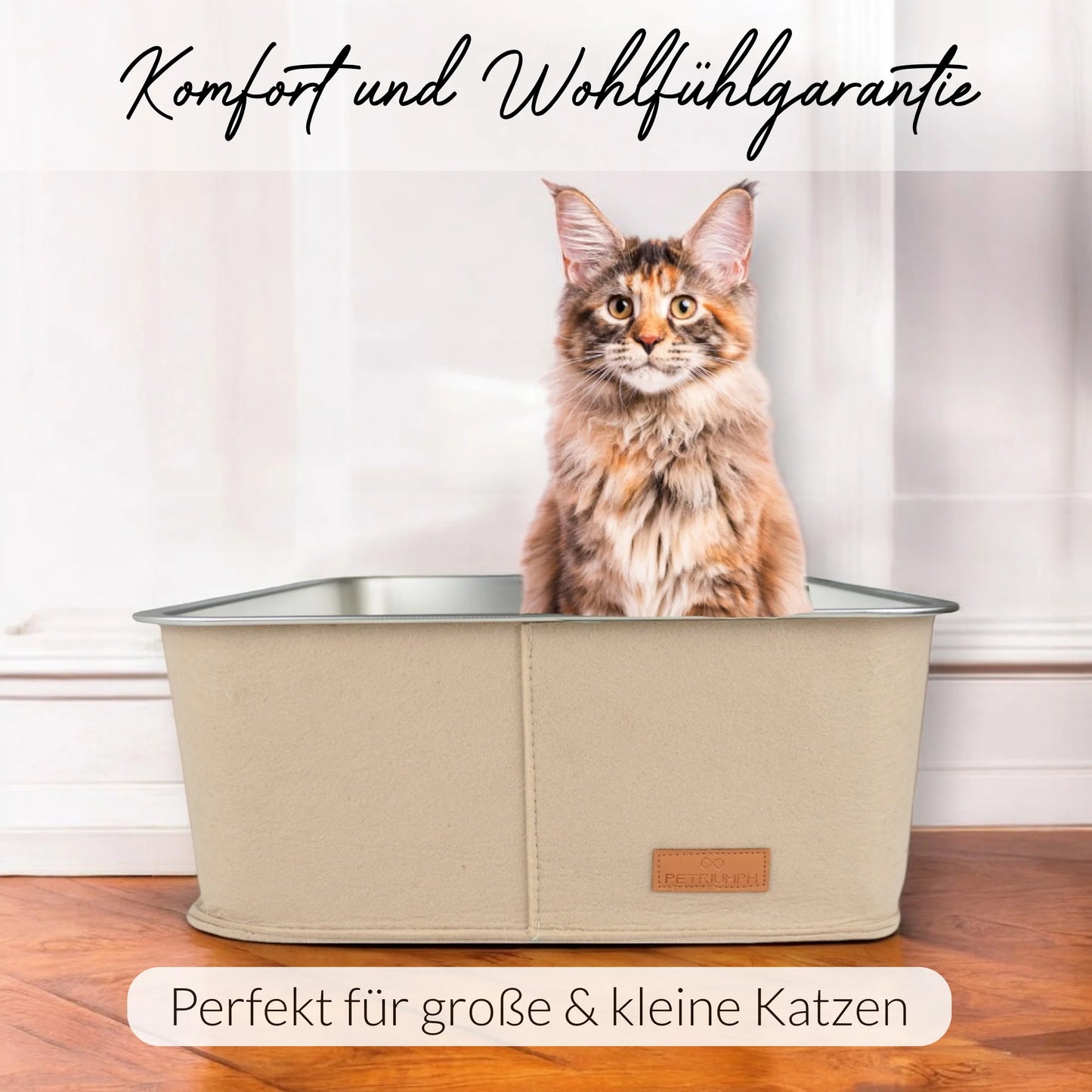 Stilvolle beige Katzentoilette aus Edelstahl für kleine und große Katzen