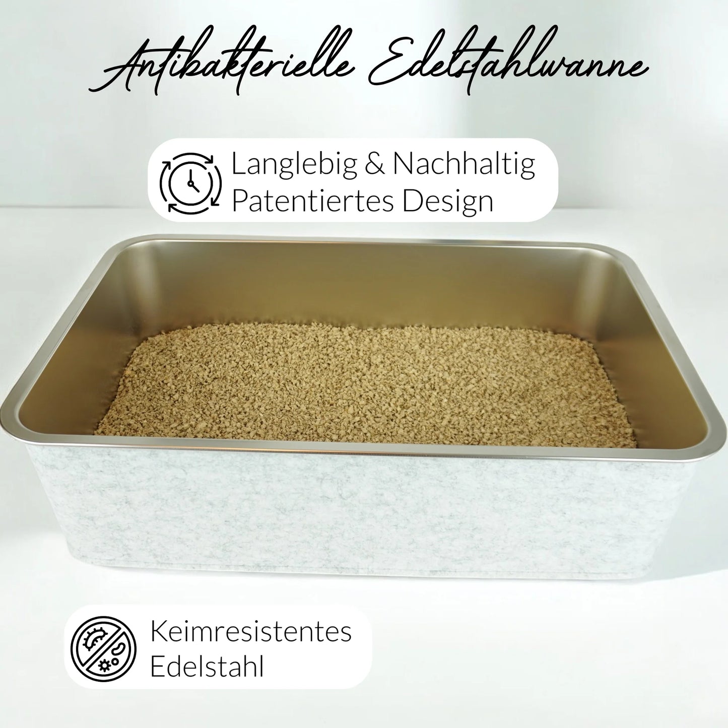 Leicht zu reinigende graue Edelstahl-Katzentoilette mit abnehmbarer Filzumhüllung