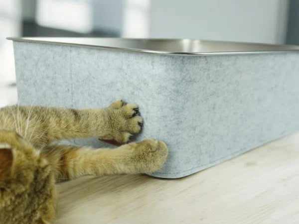 Kratzfeste Filzumhüllung der Edelstahl-Katzentoilette – robust und langlebig, ideal für Katzen.