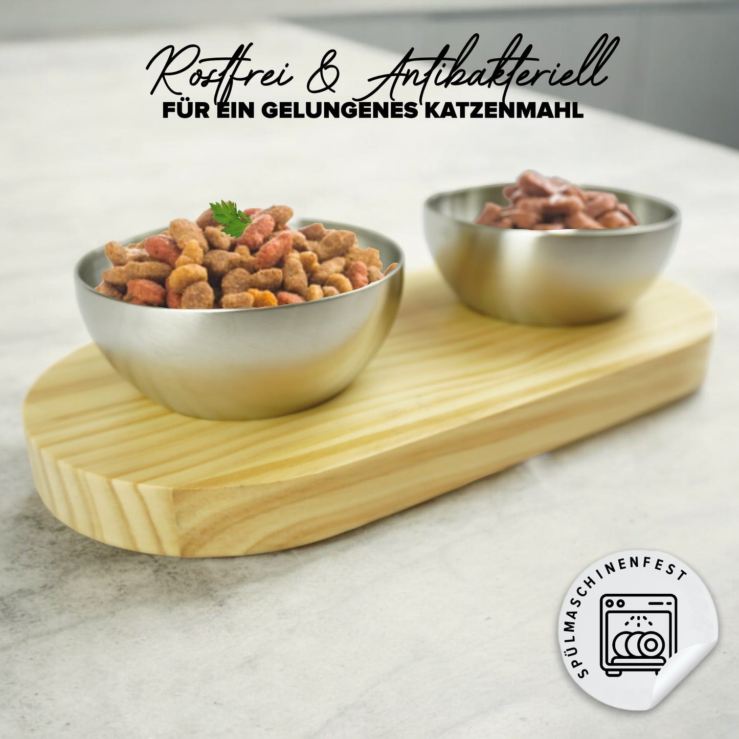 Futterstation für Katzen mit abnehmbaren Edelstahlnäpfen in nachhaltigem Holzrahmen