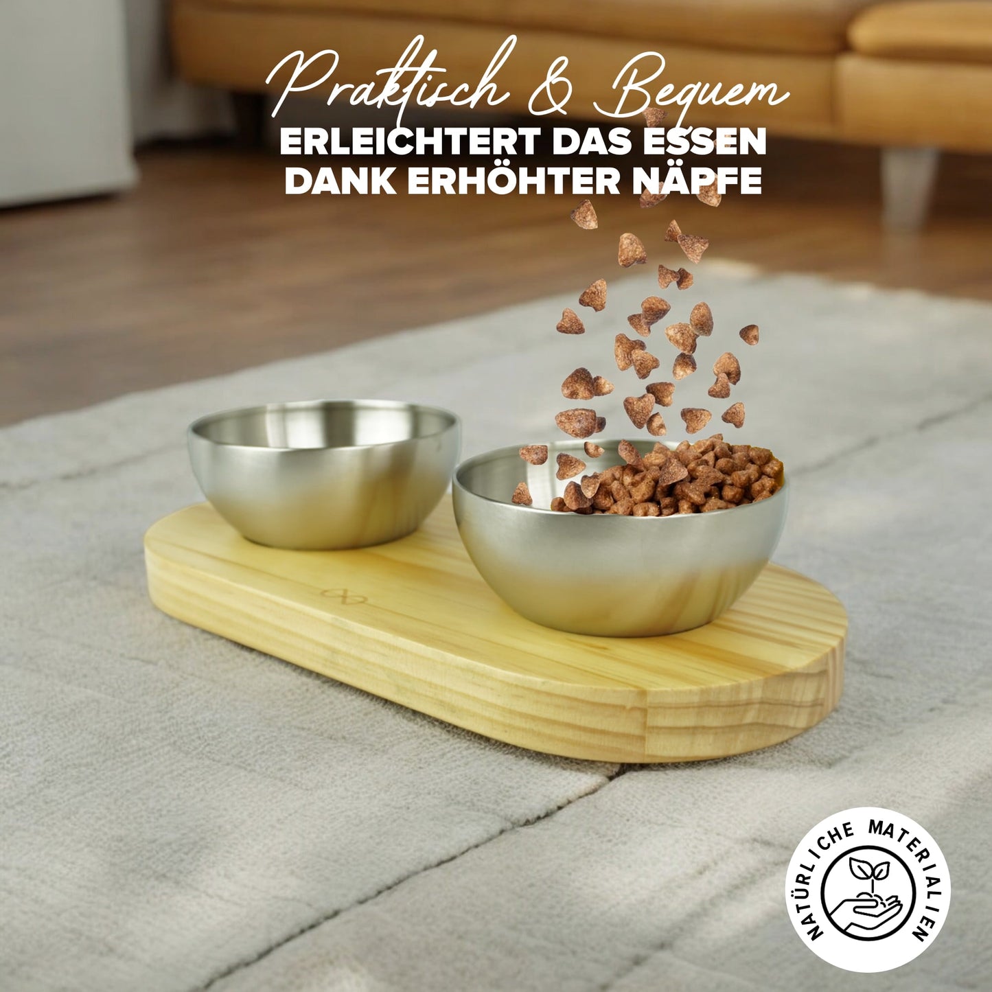 Katzenfutterstation aus Holz für Futter und Wasser mit Edelstahlnäpfen spülmaschinenfest