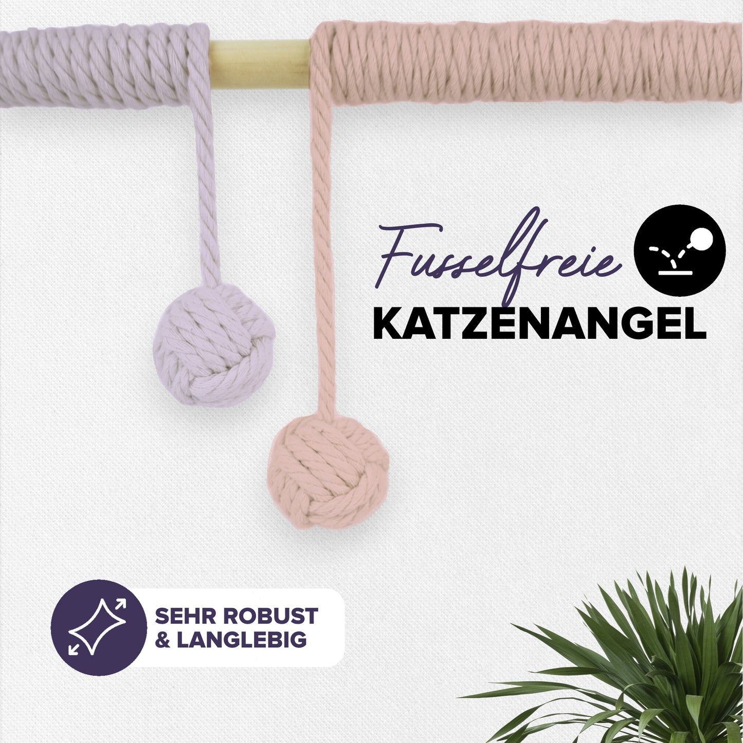 katzenangel aus Holz und Baumwollseil für sicheren Spielspaß. Natürliches Katzenspielzeug
